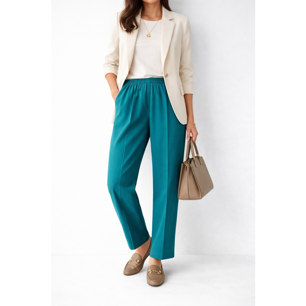 Vintage Teal Dress Pants Elastic Waist Straight Leg Women XS Teal